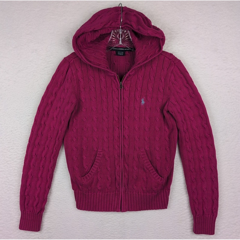 Ralph‎ Lauren Sport Cable Knit Hoodie Sweater Women's Medium Full Zip Pink